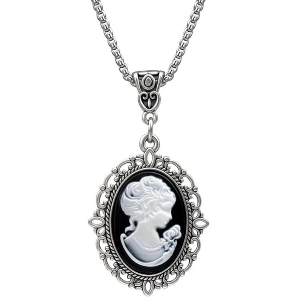 Elegant Silver and Black Cameo Necklace